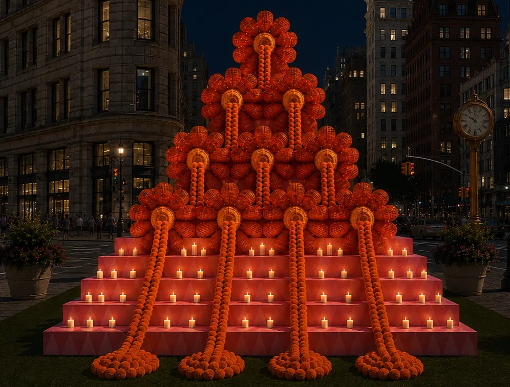 Manhattanda uly 'Twenty Petal Flower' ofrendasynyň gurulmagy